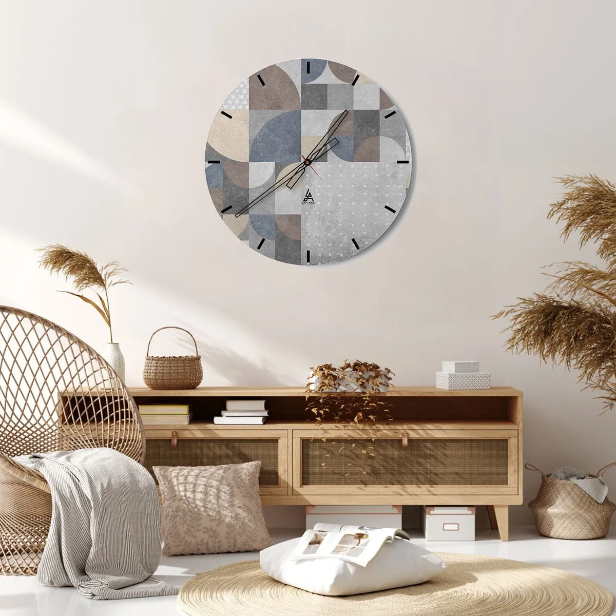 Ceas de perete - Ceas pe sticlă - Forme geometrice în stilul plăcilor ceramice în culori discrete - 30x30cm - Fantezie ceramică - Decorațiune modernă pentru perete pentru living, bucătărie și dormitor ARTTOR