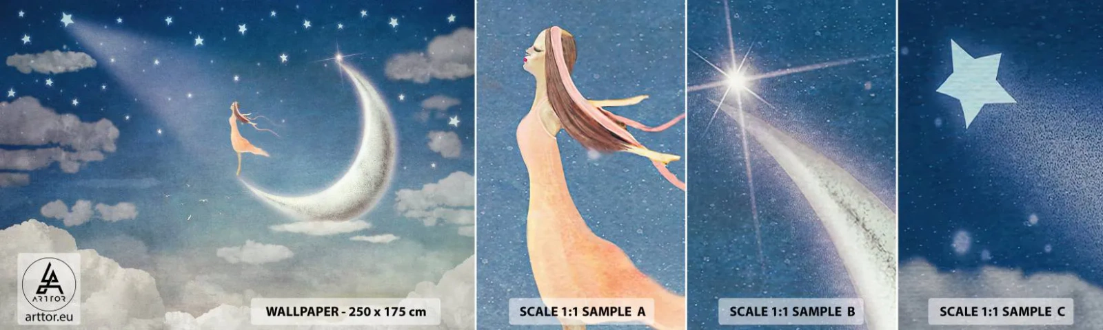 Mostră de Tapet Standard Eco - Provocatoare în albastru - Abstracția, Pentru copii, Luna - 100x30 cm