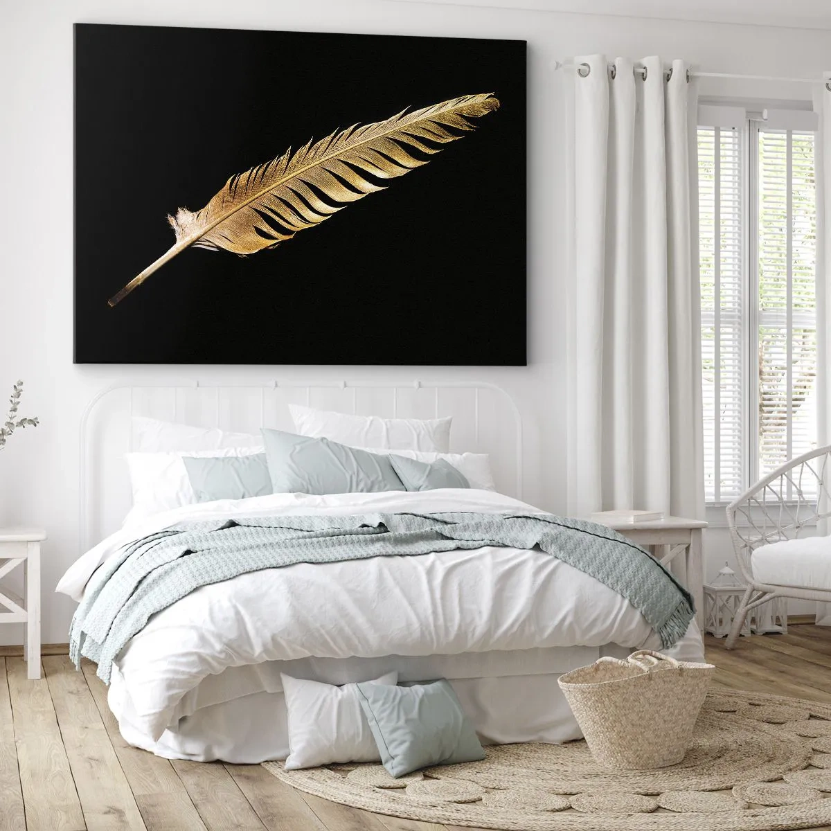 Tablou pe pânză Canvas - Pană de aur pe fundal negru - 70x50cm - Pană aurie perfectă - Decorațiune modernă pentru perete pentru living și dormitor ARTTOR