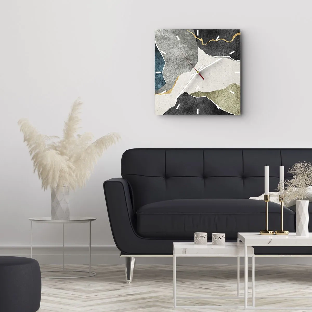 Ceas de perete - Ceas pe sticlă - Compoziție mozaic cu fir de aur - 40x40 cm