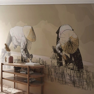 Tapet Premium Sand - O recoltă reușită - Asia, Plantația de orez, Câmp de orez - 350x256 cm