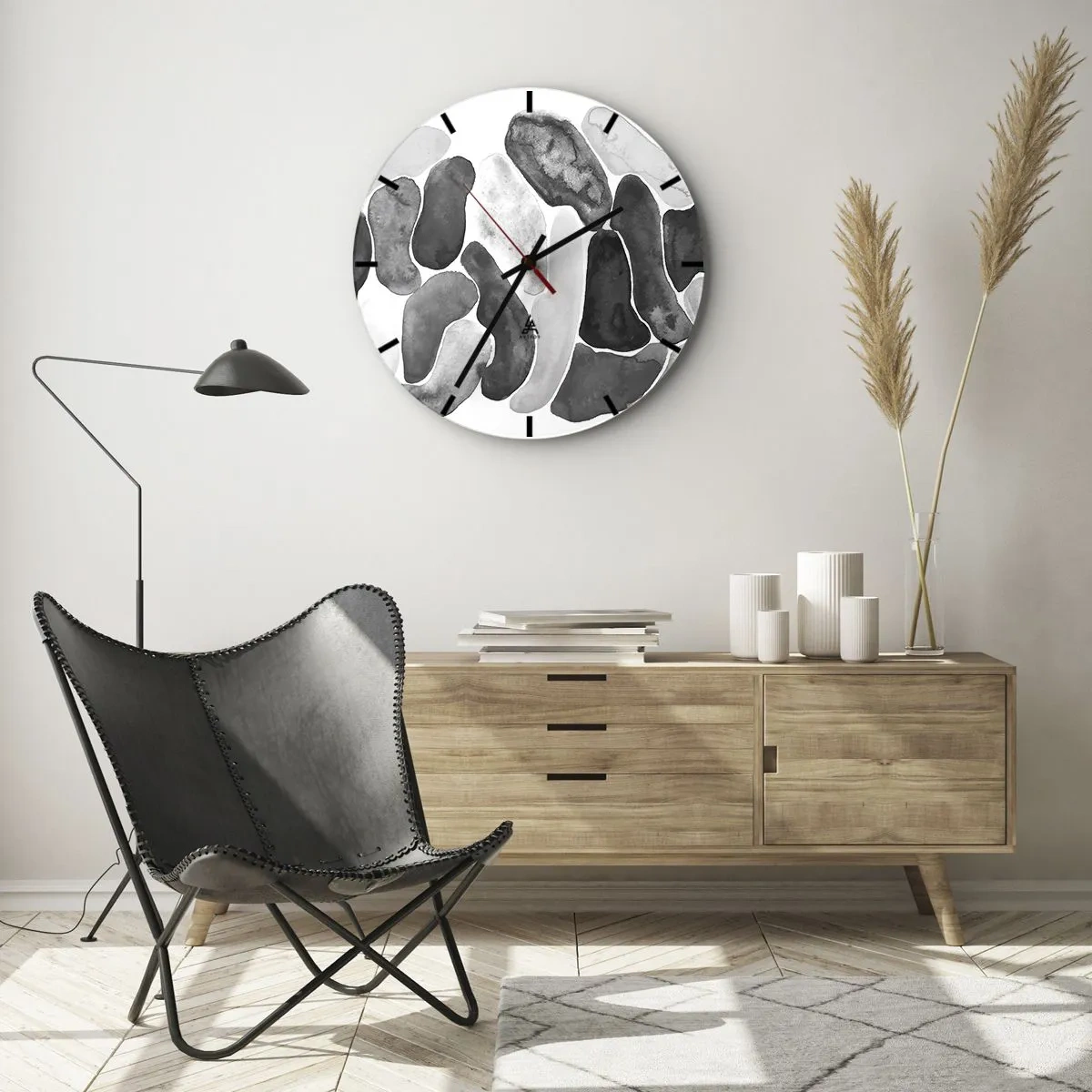 Ceas de perete - Ceas pe sticlă - Forme organice gri care seamănă cu pietre - 30x30cm - Abstracție pietroasă - Decorațiune modernă pentru perete pentru living, bucătărie și dormitor ARTTOR