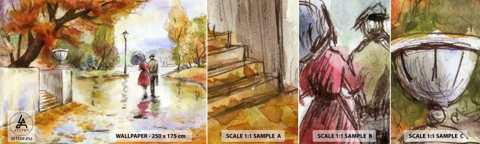 Mostră tapet autocolant Deluxe Sticker - Toamnă romantică în parc - Oraș, oameni, Cuplu îndrăgostit - 100x30 cm