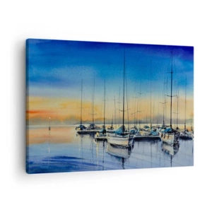 Tablou pe pânză Canvas - Port de iahturi la apus cu reflexii pe apă - 70x50cm - Sfârșitul unei zile bune - Decorațiune modernă pentru perete pentru living și dormitor ARTTOR