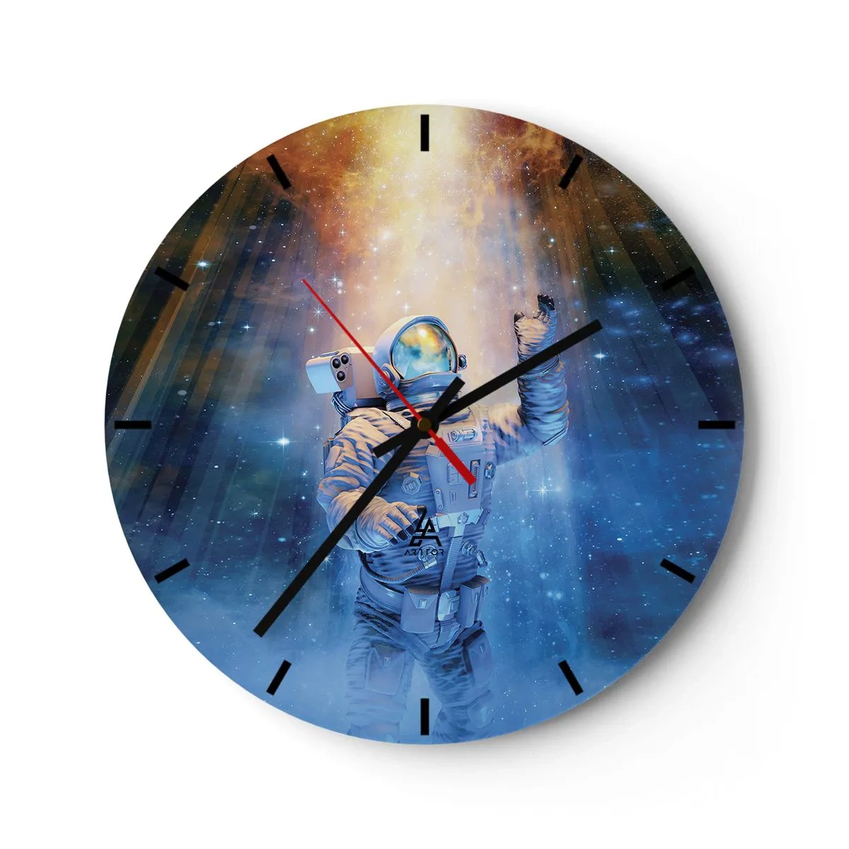 Ceas de perete - Ceas pe sticlă - Un astronaut plutind prin spațiu în lumina stelelor - 30x30cm - În cele din urmă am ajuns - Decorațiune modernă pentru perete pentru living, bucătărie și dormitor ARTTOR