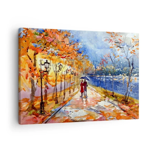 Tablou pe pânză Canvas - O plimbare de toamnă în parc, pe malul râului, sub o umbrelă - 70x50cm - Împreună până la limita de timp - Decorațiune modernă pentru perete pentru living și dormitor ARTTOR