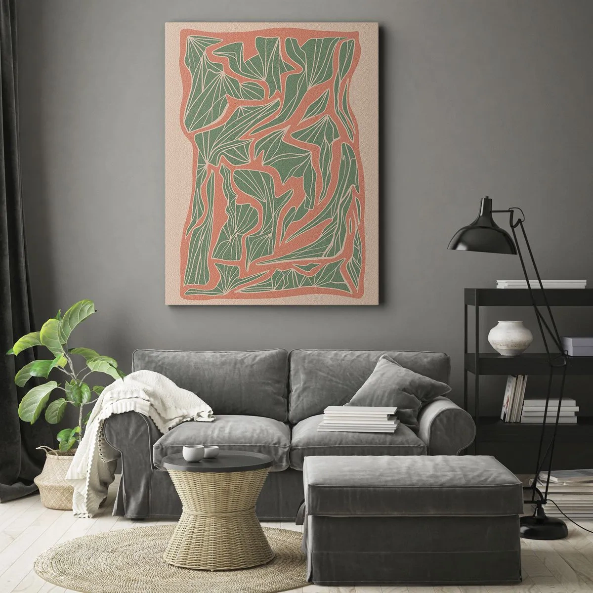 Tablou pe pânză - Lupta dintre coral și verde - 55x100 cm