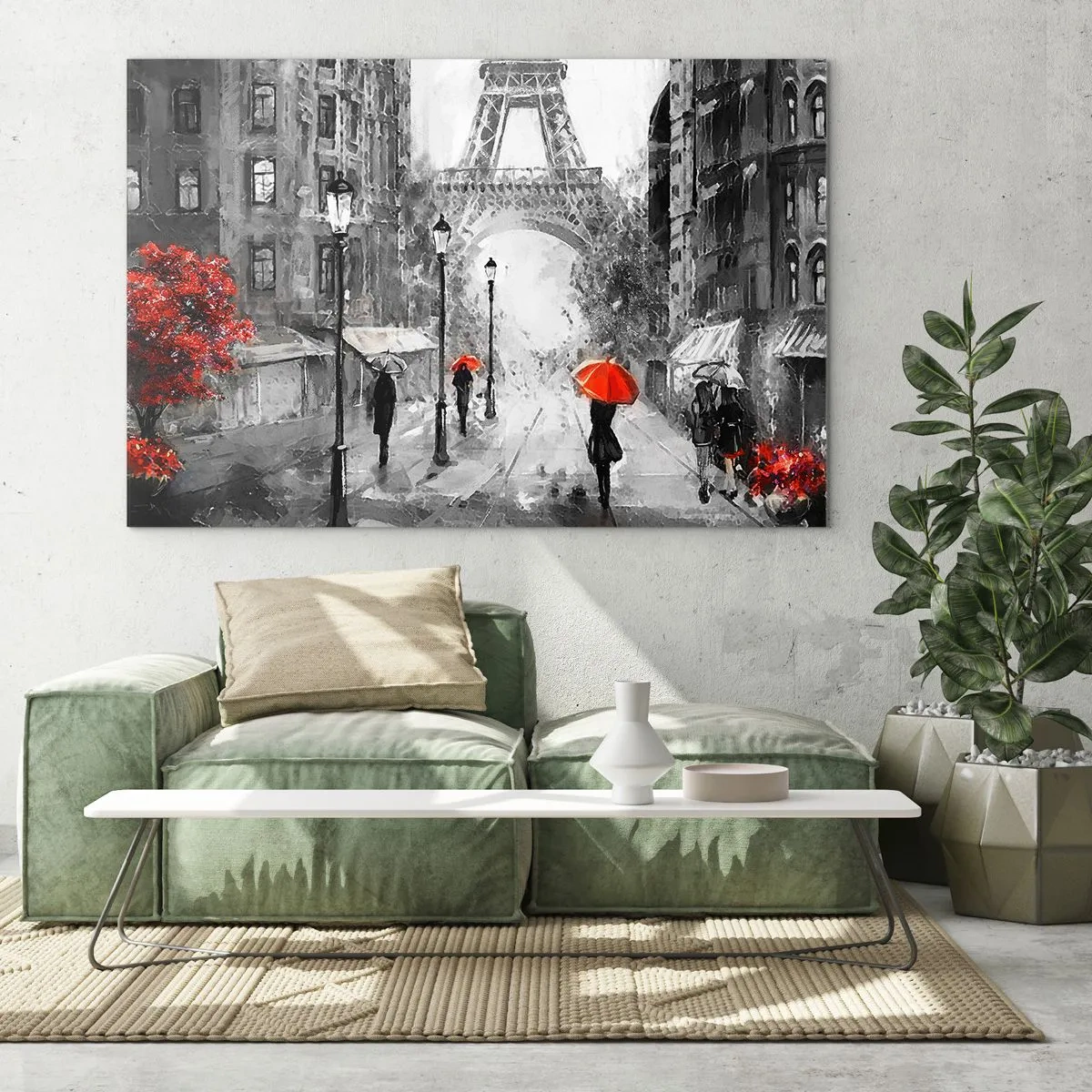 Tablou pe sticlă - Turnul Eiffel într-un peisaj monocromatic cu accente roșii - 70x50cm - Toate drumurile duc la el - Decorațiune modernă pentru perete pentru living și dormitor ARTTOR