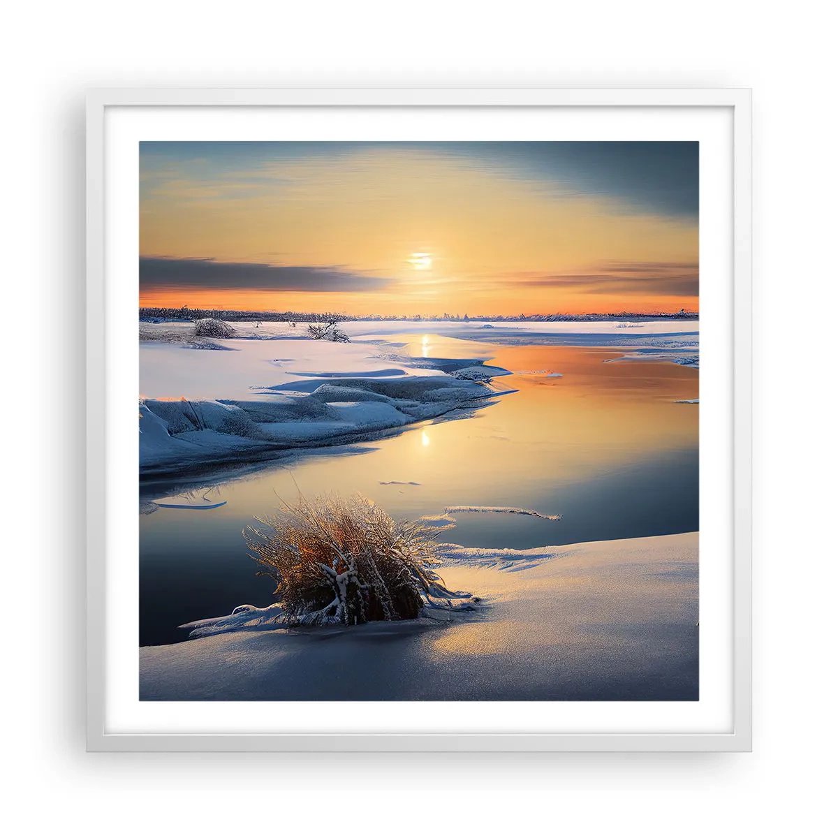 Poster în ramă albă - Apus de soare pe timp de iarnă - 60x60 cm