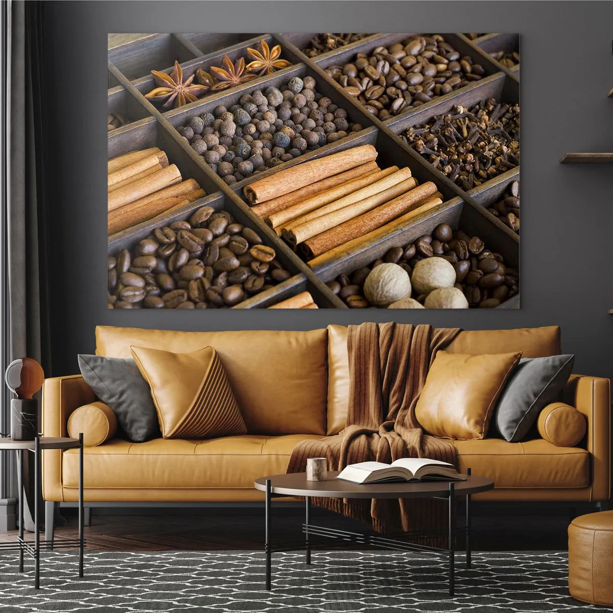 Tablou pe sticlă - Condimente în compartimente din lemn - 70x50cm - Tezaur de arome - Decorațiune modernă pentru perete pentru living și dormitor ARTTOR