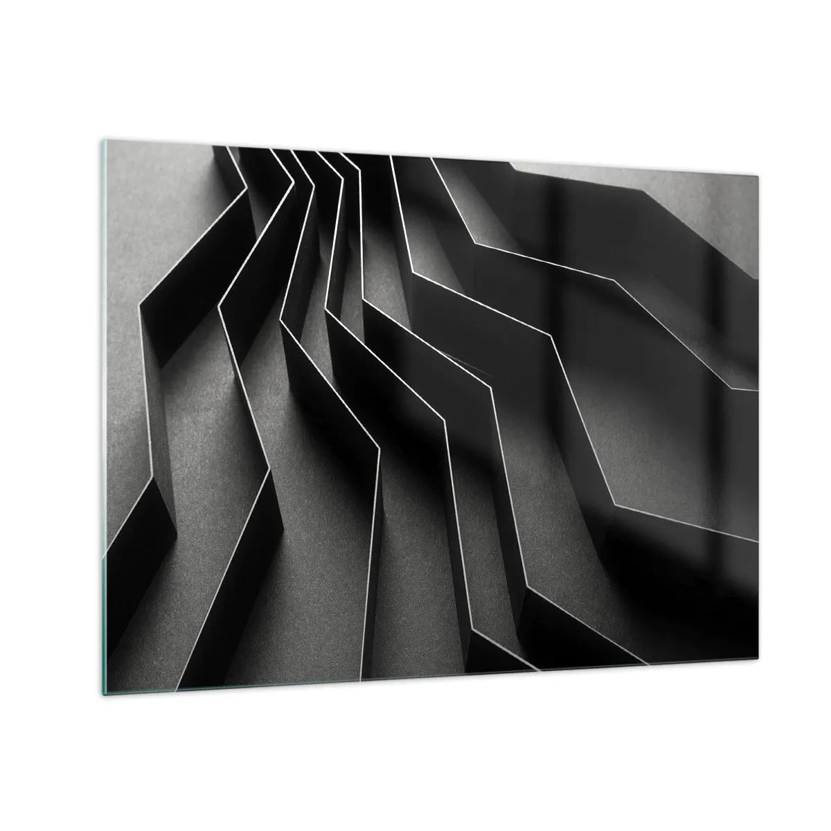 Tablou pe sticlă - Forme geometrice negre cu profunzime și clarobscur - 70x50cm - Ordinea spațială - Decorațiune modernă pentru perete pentru living și dormitor ARTTOR