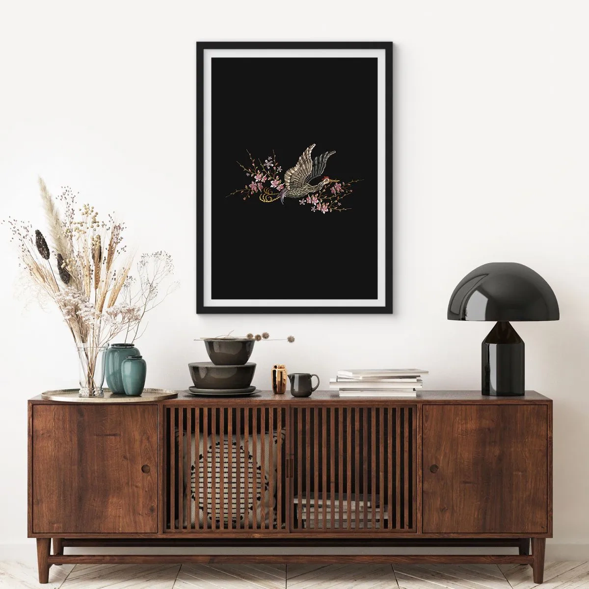 Poster în ramă neagră - Pasăre exotică brodată - 61x91 cm