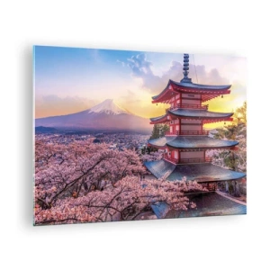 Tablou pe sticlă - O pagodă într-un peisaj japonez cu vedere la Muntele Fuji și copaci înfloriți - 70x50cm - Esența spiritului japonez - Decorațiune modernă pentru perete pentru living și dormitor ARTTOR