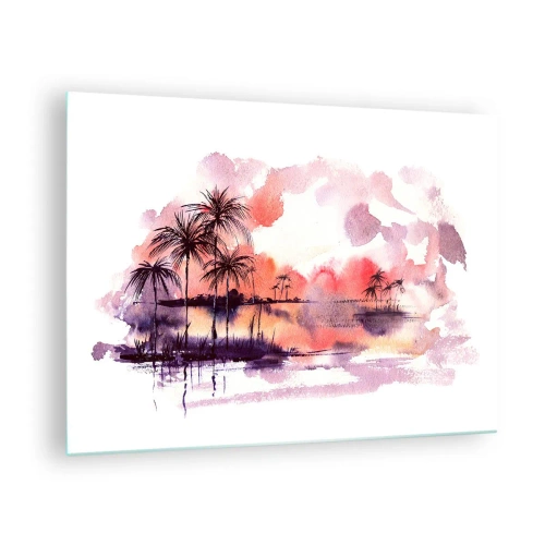 Tablou pe sticlă - Peisaj tropical la apus în acuarelă - 70x50cm - Liniștea tropicelor în roșu - Decorațiune modernă pentru perete pentru living și dormitor ARTTOR