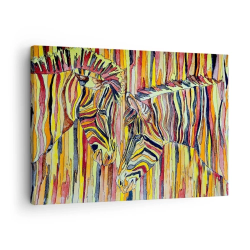 Tablou pe pânză Canvas - Zebre colorate pe un fundal de dungi abstracte - 70x50cm - Deci și tu.. - Decorațiune modernă pentru perete pentru living și dormitor ARTTOR