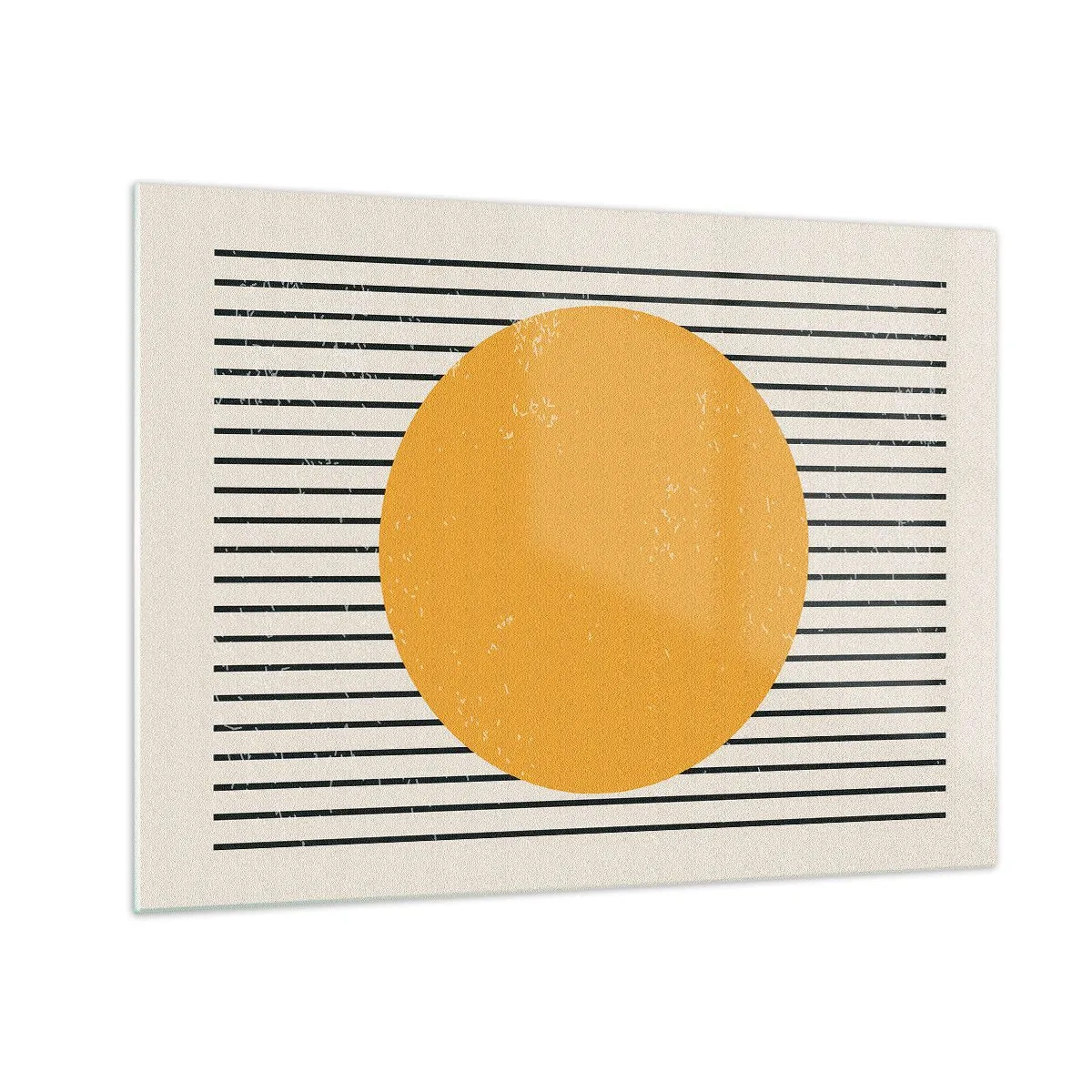 Tablou pe sticlă - Un cerc portocaliu pe un fundal de linii negre orizontale pe un fundal bej. - 70x50cm - Puterea simplității - Decorațiune modernă pentru perete pentru living și dormitor ARTTOR