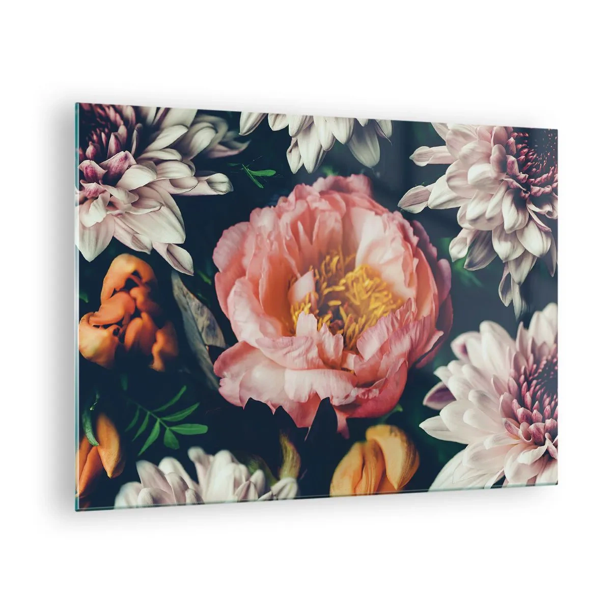 Tablou pe sticlă - Prim-plan cu bujori și crizanteme în nuanțe pastelate - 70x50cm - Cu splendoare barocă - Decorațiune modernă pentru perete pentru living și dormitor ARTTOR