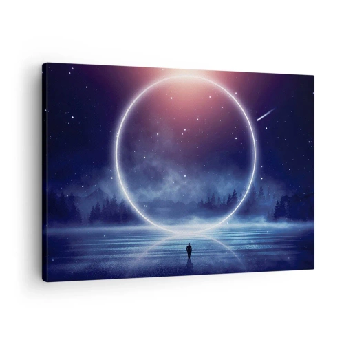 Tablou pe pânză Canvas - Un peisaj magic cu o figură și un cerc de lumină noaptea - 70x50cm - Ei sunt deja aici... - Decorațiune modernă pentru perete pentru living și dormitor ARTTOR