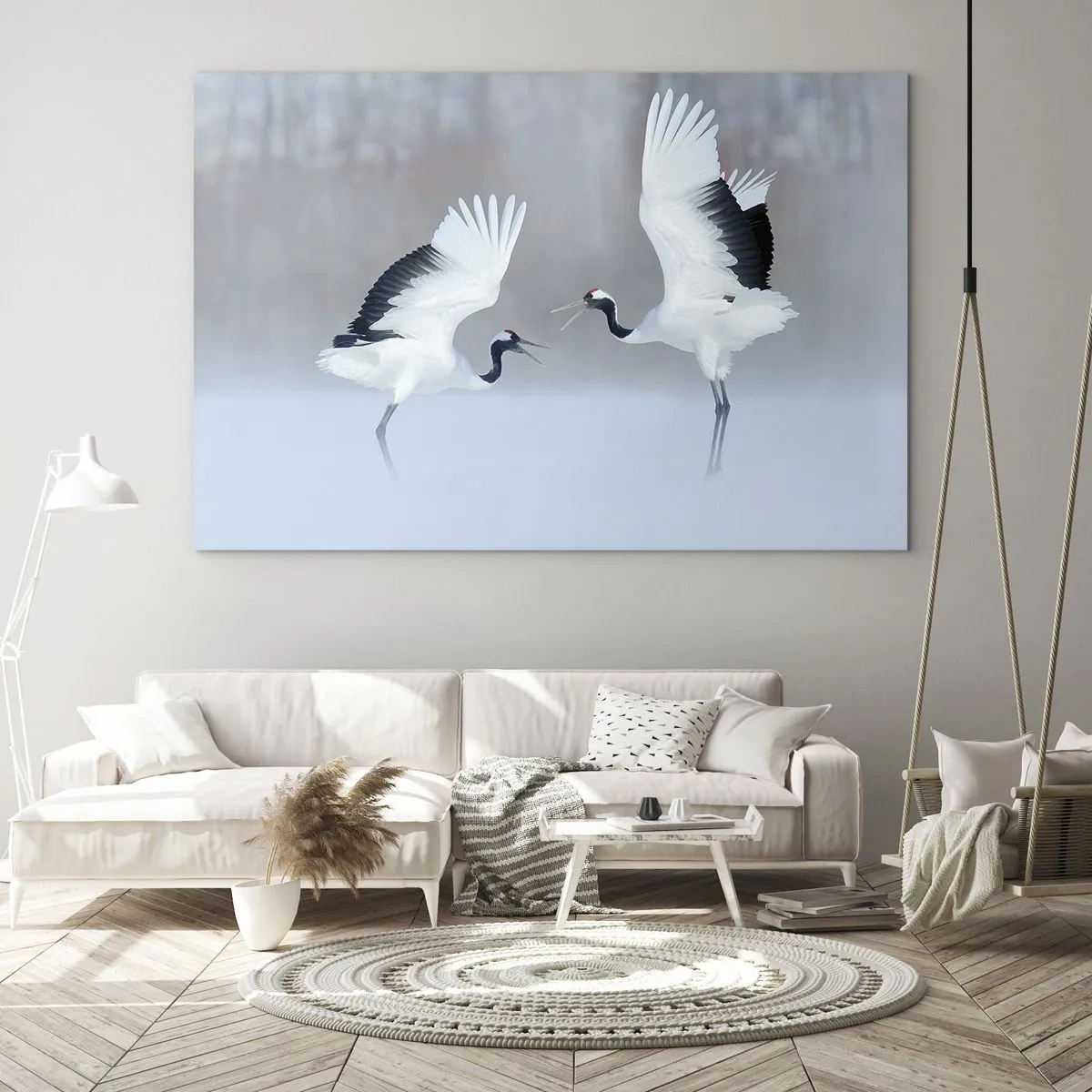 Tablou pe sticlă - Cocoari dansatori pe fundalul unui peisaj de iarnă - 70x50cm - Dansând în ceață - Decorațiune modernă pentru perete pentru living și dormitor ARTTOR