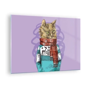 Tablou pe sticlă - O pisică într-un pulover și o eșarfă pe un fundal violet - 70x50cm - Motanul nu numai încălțat - Decorațiune modernă pentru perete pentru living și dormitor ARTTOR