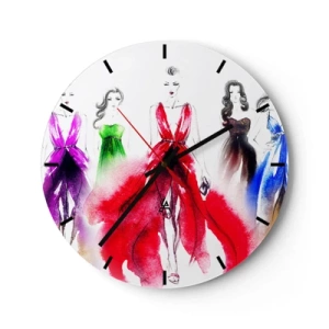 Ceas de perete - Ceas pe sticlă - Siluete de femei în rochii de seară elegante și colorate - 30x30cm - Chef de ținute - Decorațiune modernă pentru perete pentru living, bucătărie și dormitor ARTTOR