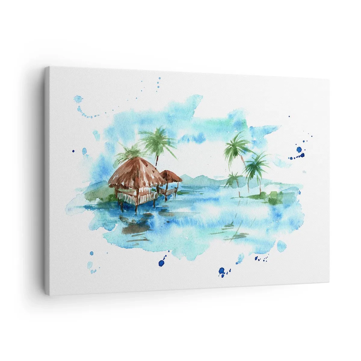 Tablou pe pânză Canvas - Pictură în acuarelă a unui peisaj tropical cu case și palmieri - 70x50cm - Undeva în Pacific - Decorațiune modernă pentru perete pentru living și dormitor ARTTOR