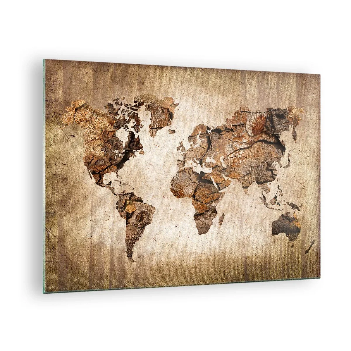 Tablou pe sticlă - O hartă a lumii în nuanțe de maro care imită lemnul - 70x50cm - Descoperirea lumii - Decorațiune modernă pentru perete pentru living și dormitor ARTTOR
