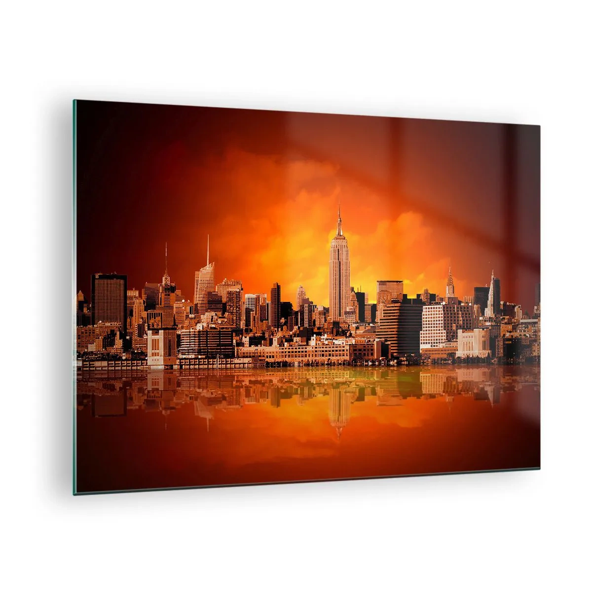 Tablou pe sticlă - Panoramă a orașului la apus - 70x50cm - Panorama unui oraș mare în galben și maro - Decorațiune modernă pentru perete pentru living și dormitor ARTTOR