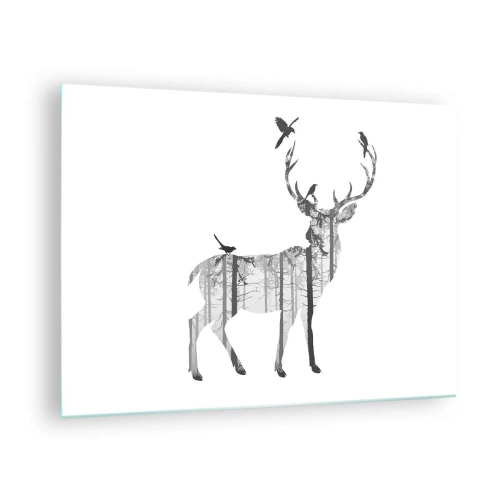 Tablou pe sticlă - Siluetă grafică a unui cerb cu motiv forestier și păsări - 70x50cm - Spiritul bun al pădurii - Decorațiune modernă pentru perete pentru living și dormitor ARTTOR