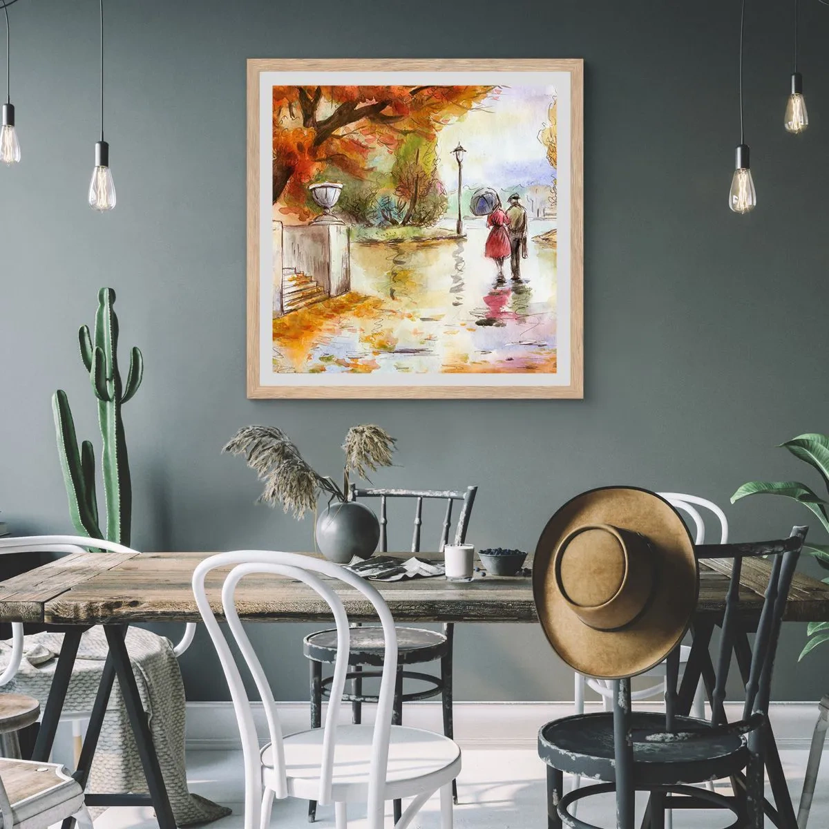 Poster în ramă de stejar deschis - Toamnă romantică în parc - 60x60 cm