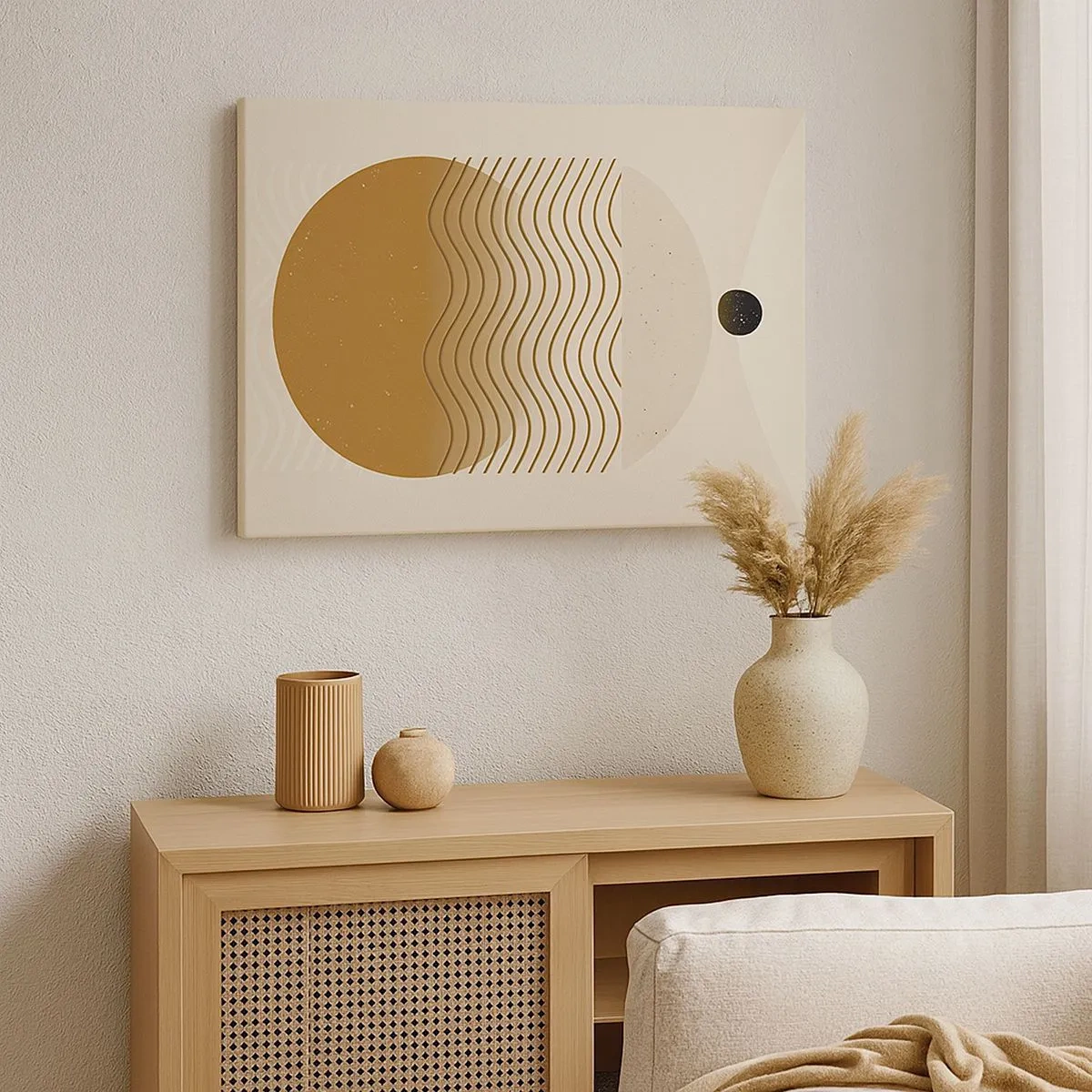 Tablou pe pânză Canvas - Abstracție geometrică cu cercuri și linii ondulate în culori calde. - 70x50cm - Despre originea figurilor geometrice - Decorațiune modernă pentru perete pentru living și dormitor ARTTOR