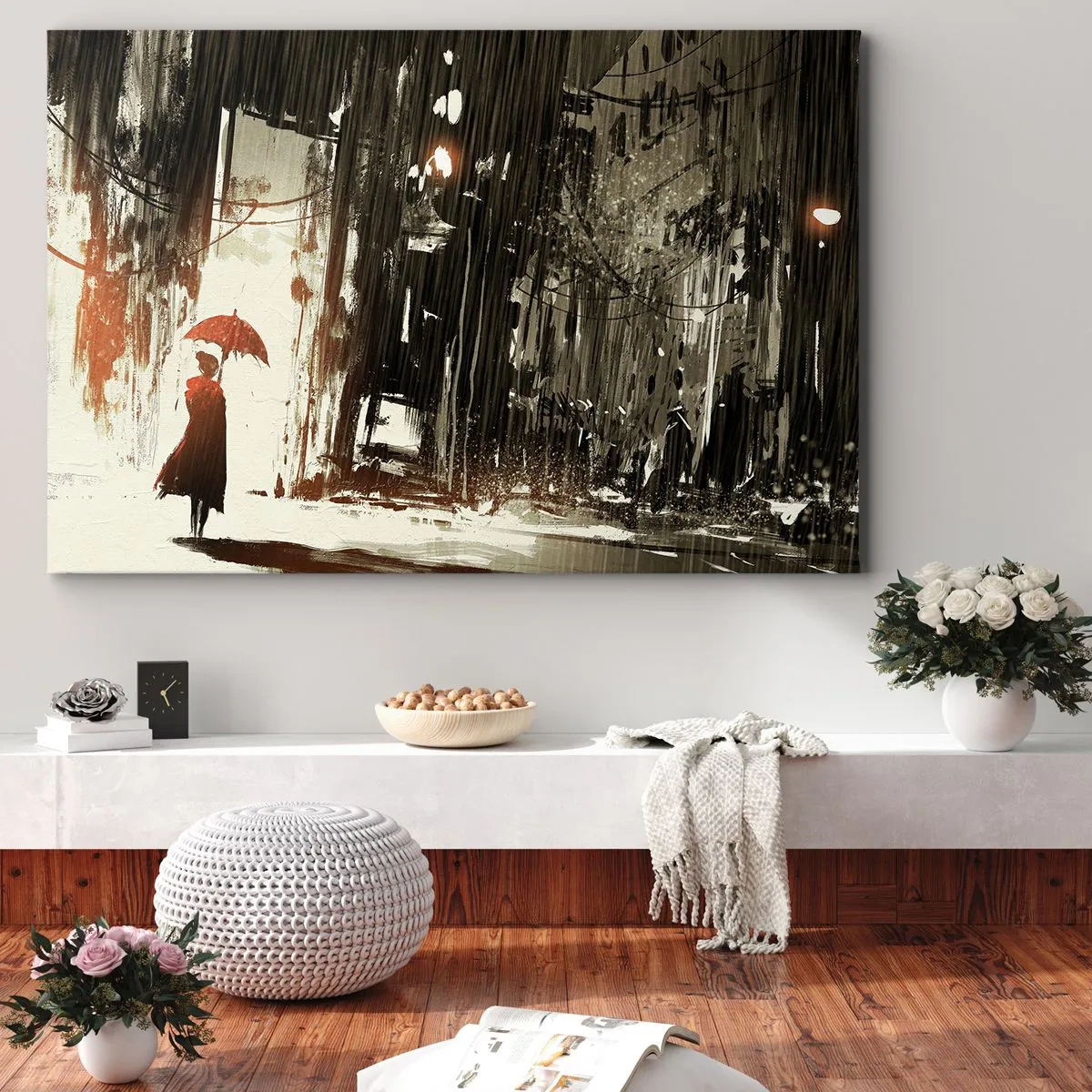 Tablou pe pânză Canvas - figură roșie cu o umbrelă într-o scenă ploioasă - 70x50cm - Poezia umbrelei roșii - Decorațiune modernă pentru perete pentru living și dormitor ARTTOR