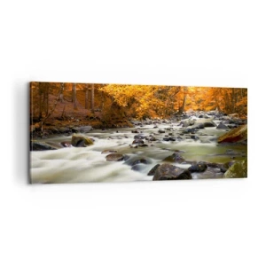 Tablou pe pânză - Un pârâu într-o pădure de aur - 100x40 cm