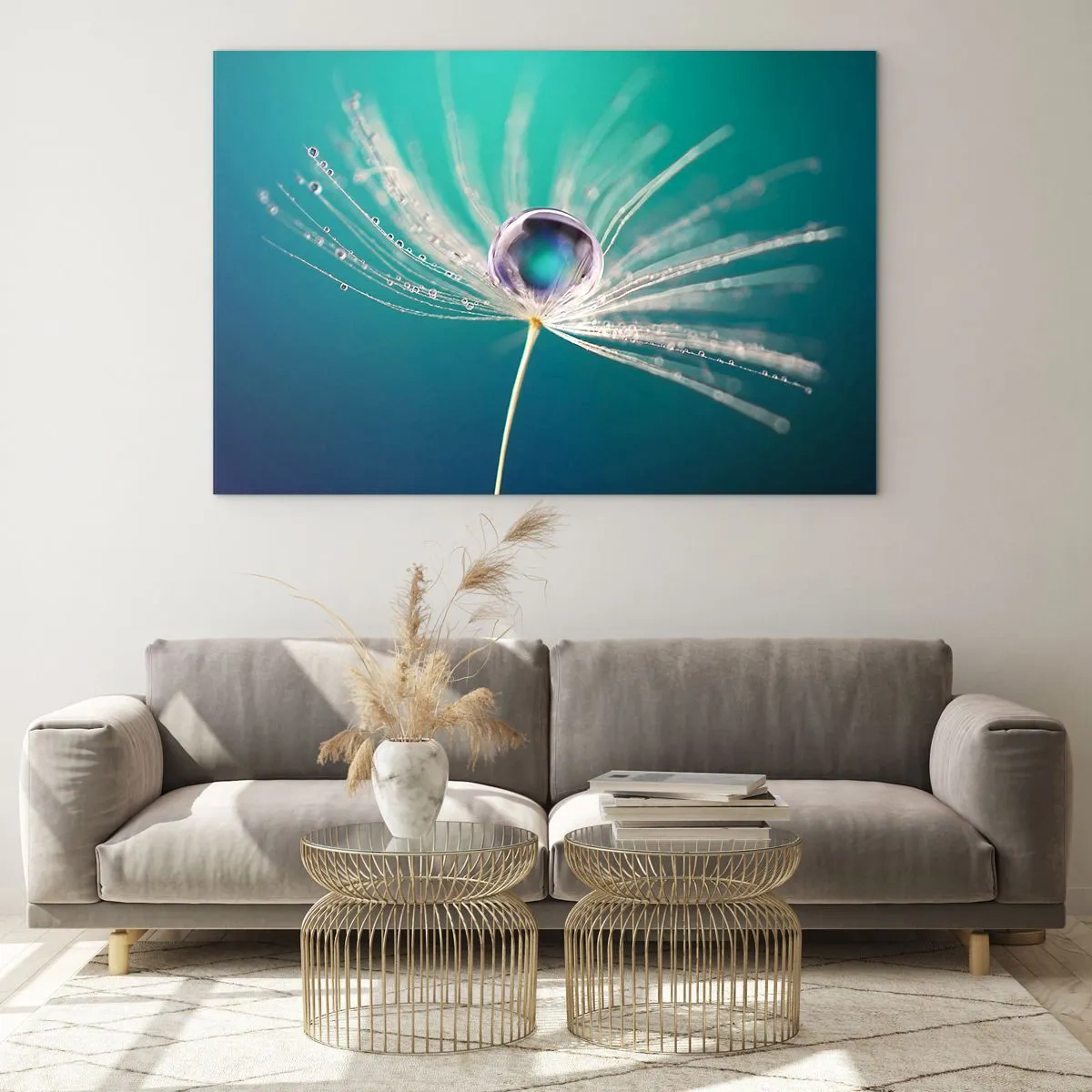 Tablou pe sticlă - Fotografie macro a unei semințe de păpădie cu o picătură de rouă pe un fundal turcoaz - 70x50cm - Moment mistic - Decorațiune modernă pentru perete pentru living și dormitor ARTTOR