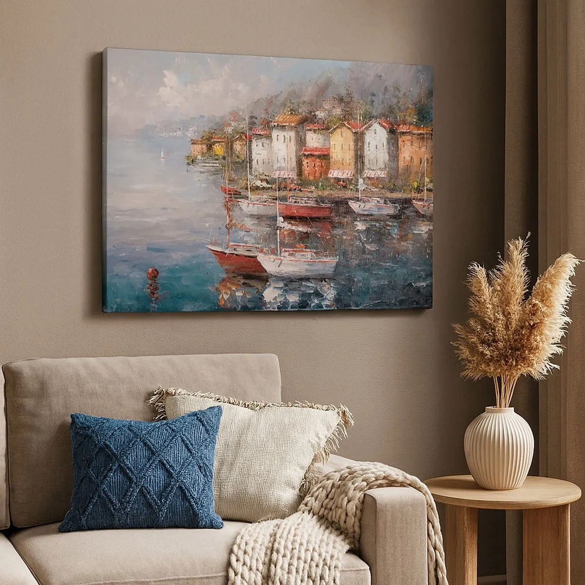 Tablou pe pânză Canvas - Peisaj litoral cu bărci și case colorate - 70x50cm - Portul romantic - Decorațiune modernă pentru perete pentru living și dormitor ARTTOR