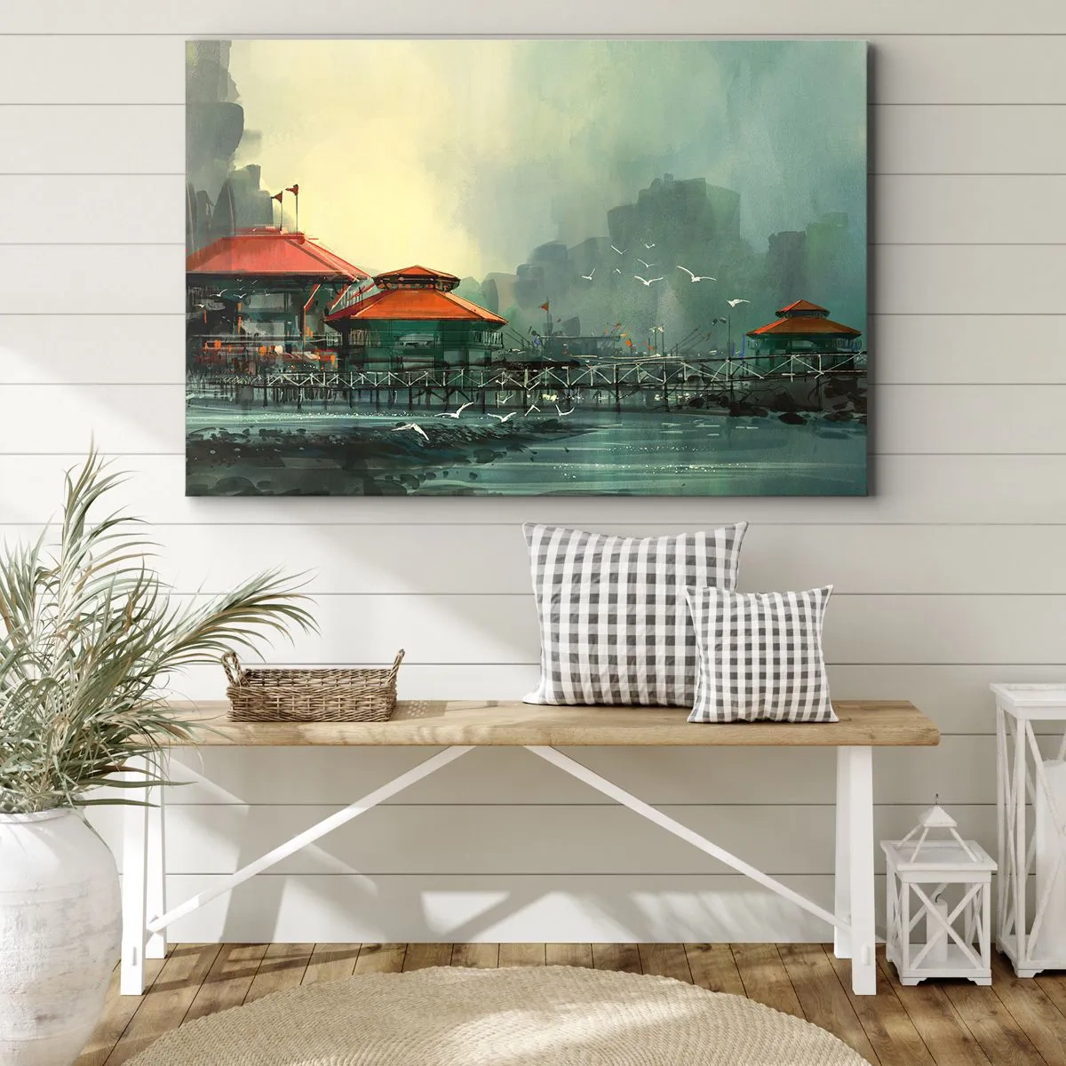 Tablou pe pânză Canvas - Clădiri portuare într-un peisaj ploios cu pescăruși - 70x50cm - O zi ploioasă în port - Decorațiune modernă pentru perete pentru living și dormitor ARTTOR