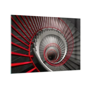 Tablou pe sticlă - Scară spiralată cu balustrade roșii în perspectivă - 70x50cm - Jocuri arhitecturale - Decorațiune modernă pentru perete pentru living și dormitor ARTTOR