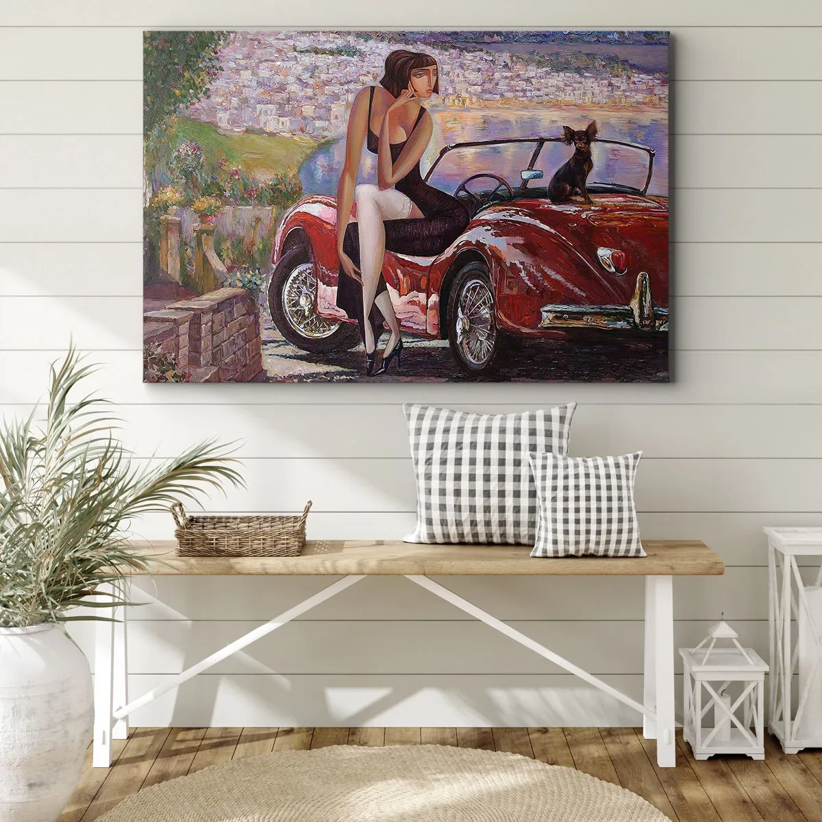 Tablou pe pânză Canvas - O femeie lângă o mașină roșie cu un oraș în fundal - 70x50cm - Vară? Doar pe Riviera - Decorațiune modernă pentru perete pentru living și dormitor ARTTOR