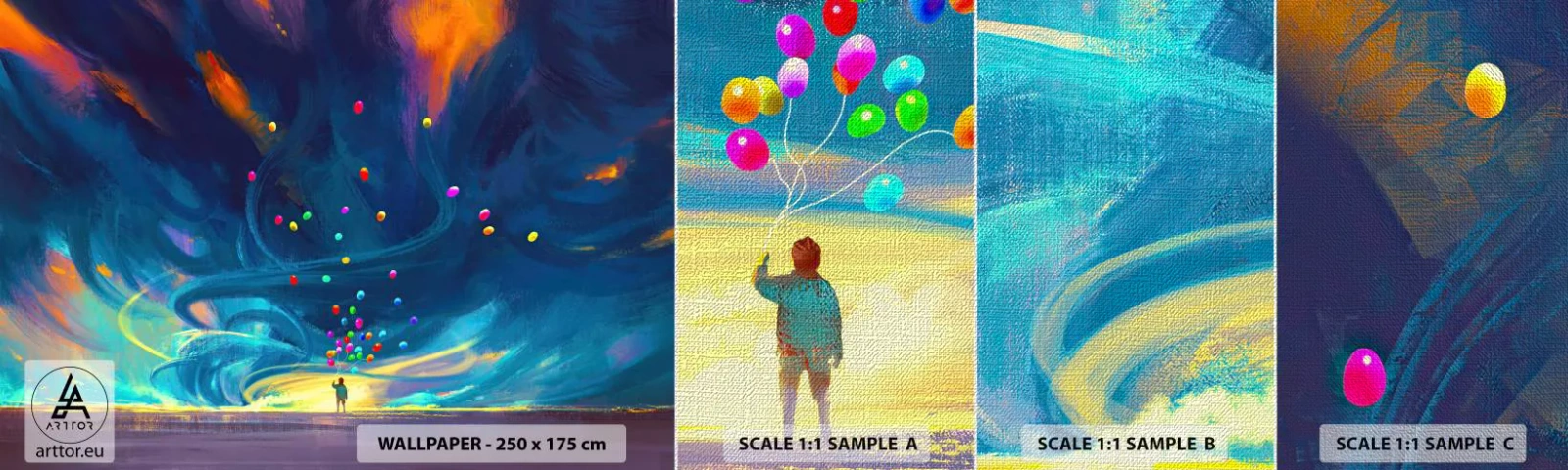 Mostră tapet Premium Canvas - Pe un vânt albastru - Pentru copii, Baloane colorate, Abstracția - 100x30 cm