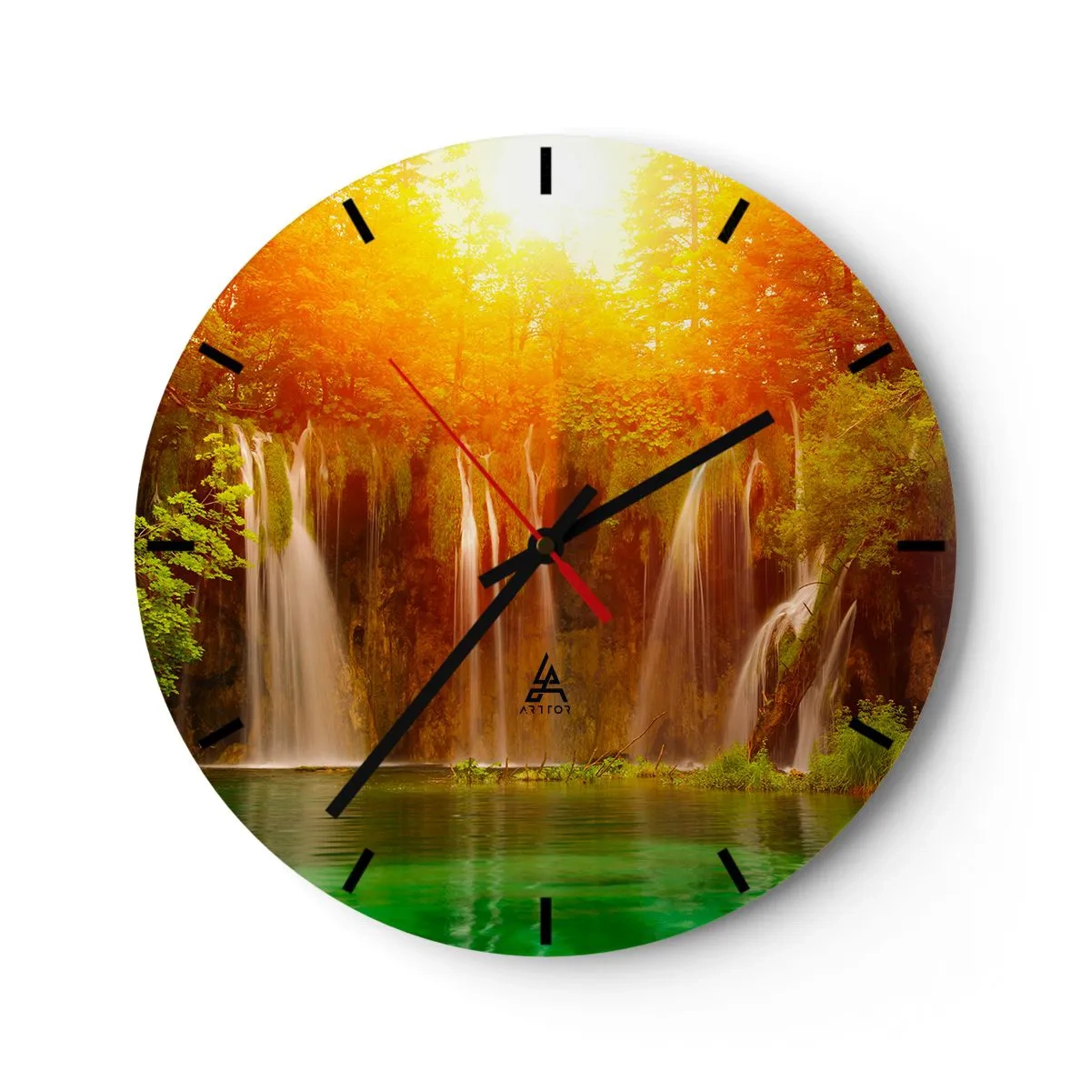 Ceas de perete - Ceas pe sticlă - Cascade pitorești în lumina soarelui care apune - 30x30cm - La soare și la umbră - Decorațiune modernă pentru perete pentru living, bucătărie și dormitor ARTTOR