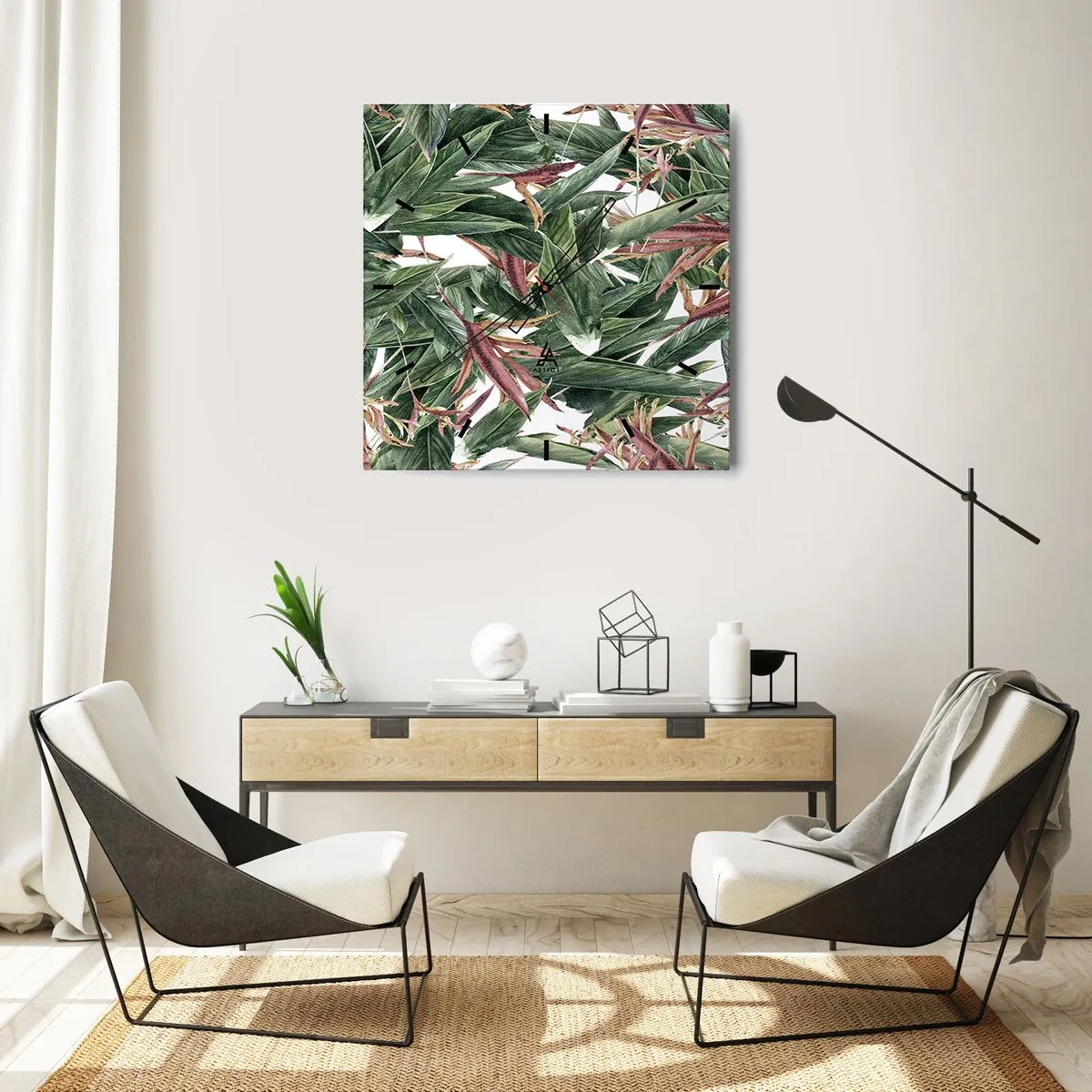 Ceas de perete - Ceas pe sticlă - Tufișuri de smarald și liliac - 40x40 cm