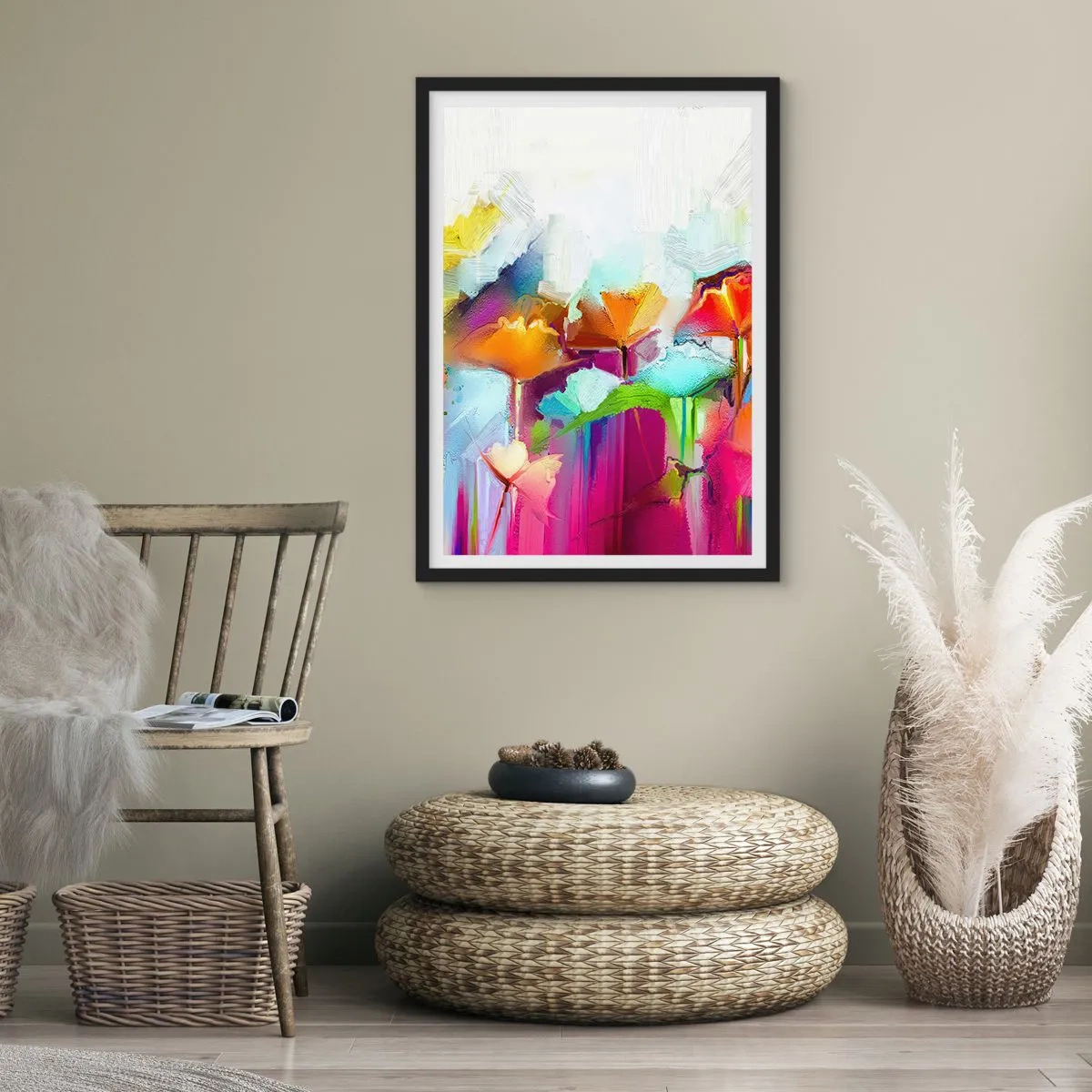 Poster în ramă neagră - Flori abstracte în culori intense pe fundal alb - 50x70cm - Curcubeul înflorit - Decorațiune modernă pentru perete pentru living și dormitor ARTTOR