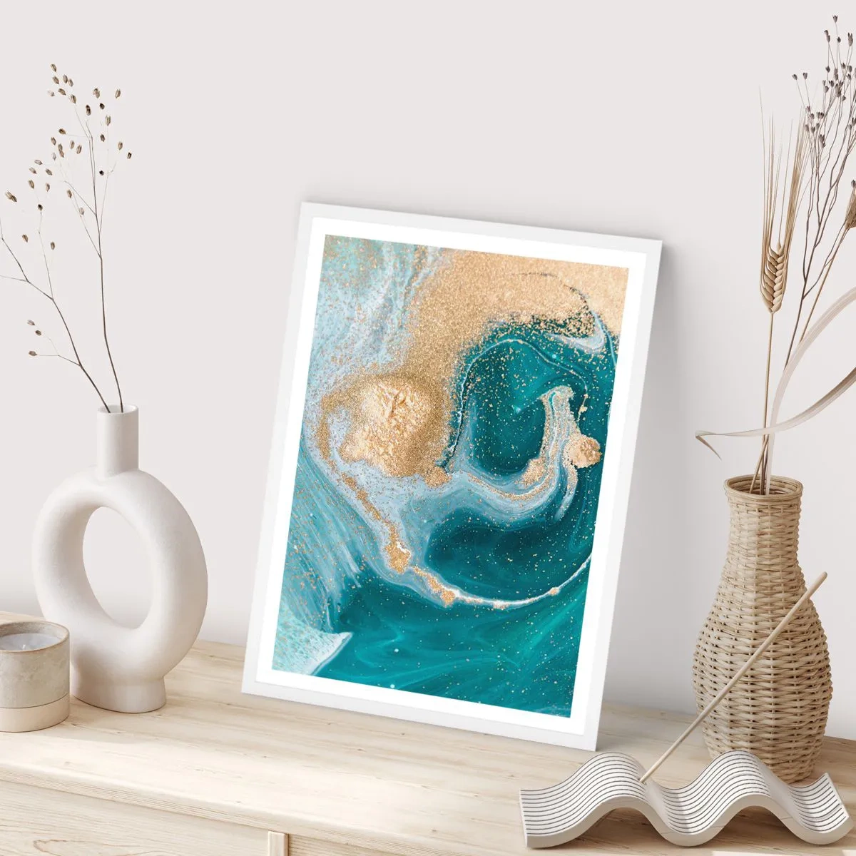 Poster în ramă albă - Vârtej de aur și turcoaz - 50x70 cm