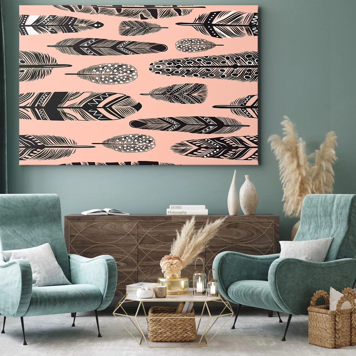 Tablou pe pânză Canvas - Pene decorative pe un fundal deschis - 70x50cm - Colecție indiană - Decorațiune modernă pentru perete pentru living și dormitor ARTTOR