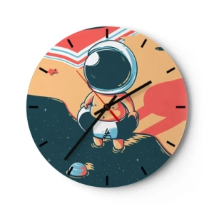 Ceas de perete - Ceas pe sticlă - Astronaut pe un fundal spațial în stil retro - 30x30cm - Dintr-o perspectivă diferită - Decorațiune modernă pentru perete pentru living, bucătărie și dormitor ARTTOR