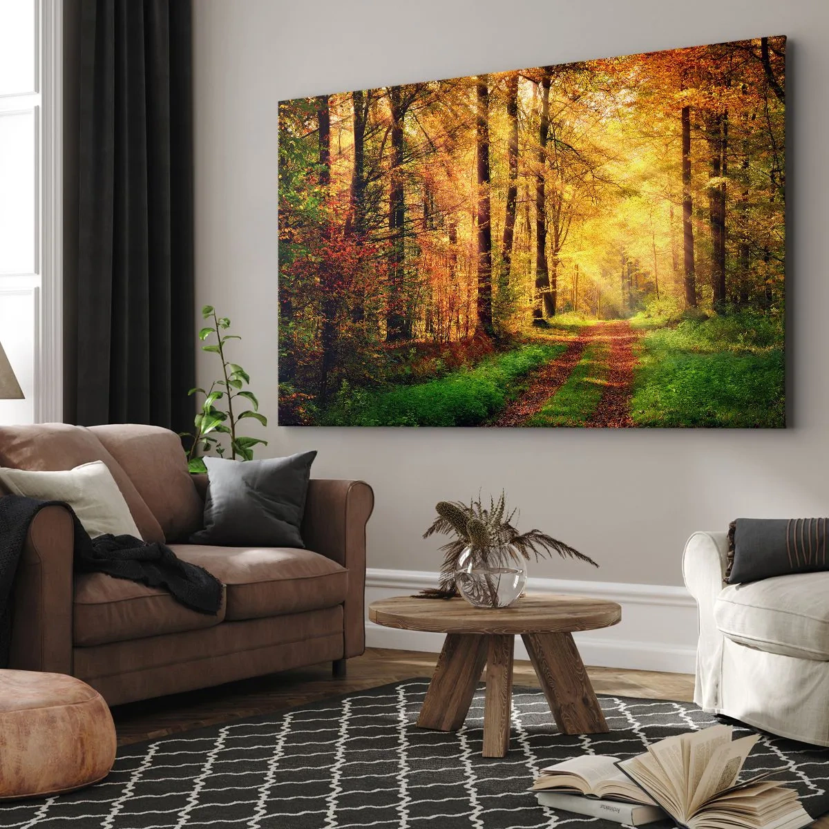 Tablou pe pânză Canvas - O potecă de pădure înconjurată de copaci aurii și verzi - 70x50cm - Tăcere de aur de pădure - Decorațiune modernă pentru perete pentru living și dormitor ARTTOR