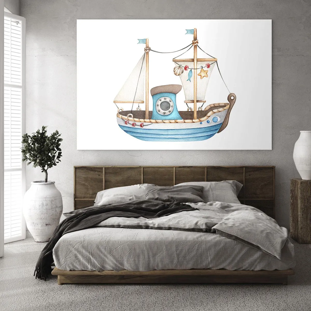 Tablou pe sticlă - Ilustrație a unei nave pentru copii pe fundal alb - 70x50cm - Ahoy aventura! - Decorațiune modernă pentru perete pentru living și dormitor ARTTOR