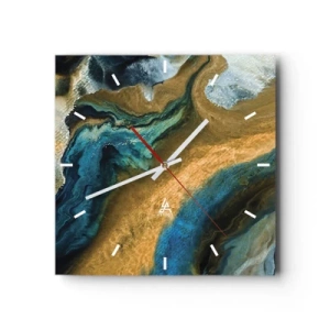 Ceas de perete - Ceas pe sticlă - Albastru - galben - influență reciprocă - 30x30 cm