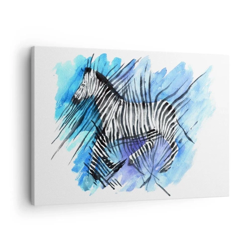 Tablou pe pânză Canvas - Ilustrație în acuarelă a unei zebre pe un cer albastru - 70x50cm - Ascunsă în dungi - Decorațiune modernă pentru perete pentru living și dormitor ARTTOR