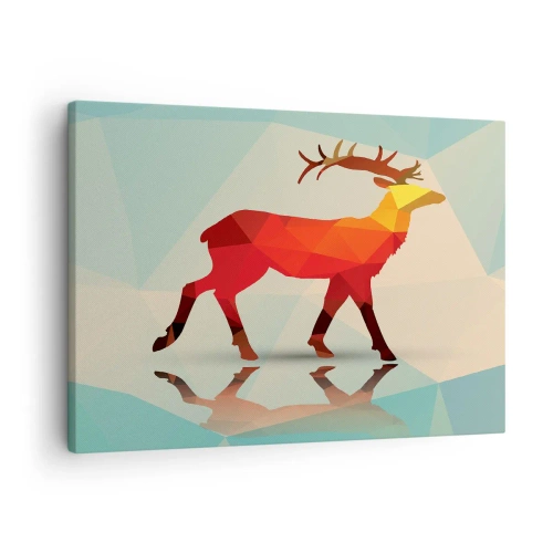 Tablou pe pânză Canvas - Siluetă geometrică a unui cerb în nuanțe de roșu și portocaliu - 70x50cm - Cerb geometric - Decorațiune modernă pentru perete pentru living și dormitor ARTTOR